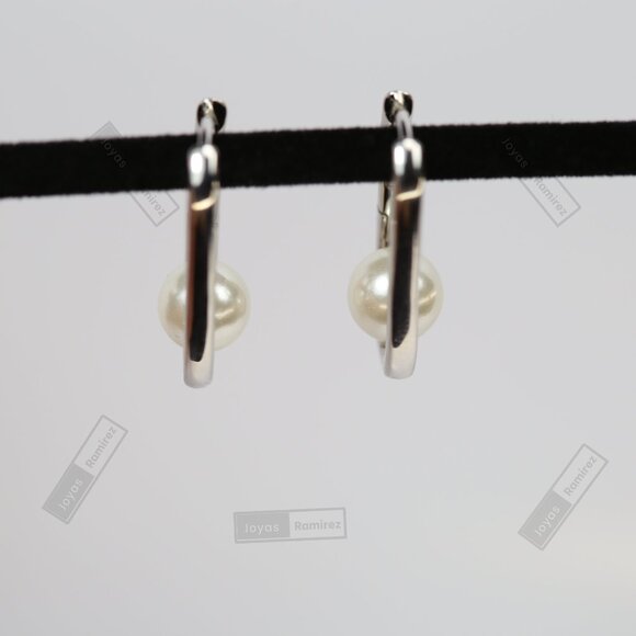 Sterling Silver Oval Pearl Earrings • Rhodium Finish • 2 cm Lightweight Design. - Picture 4 of 7